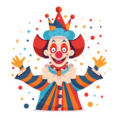 Fototapeta premium Joyful cartoon clown celebrating, colorful confetti background, circus performer vector. Smiling clown traditional costume waving hands, entertainment fun concept. Happy jester character wearing