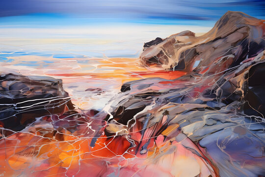 inspiring ocean beside rocky outcrop. abstract landscape art, painting background, wallpaper