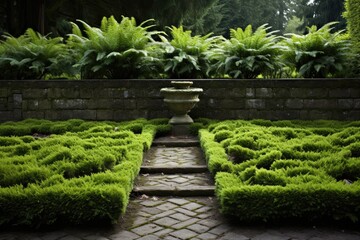 Ferns in a formal garden with geometric patterns.