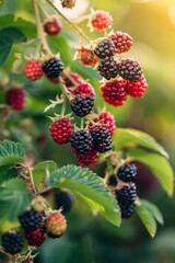 Blackberries grow in the garden. Ripe and unripe blackberries on bush Generative AI,