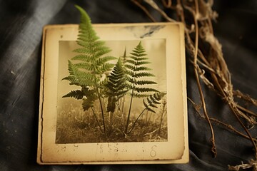 Ferns with a vintage postcard overlay.
