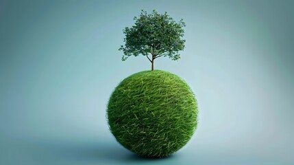 Earth, made of green grass with a tree growing on top, presents nature's harmony and the flourishing of life in a symbol of ecology and beauty