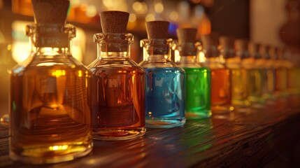Colorful Liquids in Glass Bottles Lined Up on Wooden Bar Counter