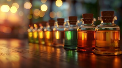 Row of Colorful Glass Bottles with Corks on Wooden Table Under Warm Lights