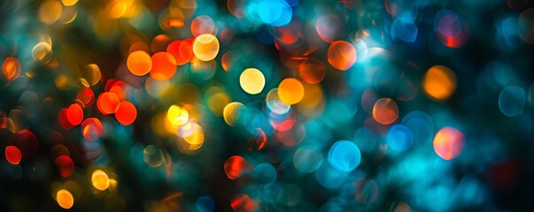 Naklejka premium Christmas holiday background with defocused silhouette of Christmas tree glowing light bokeh lights