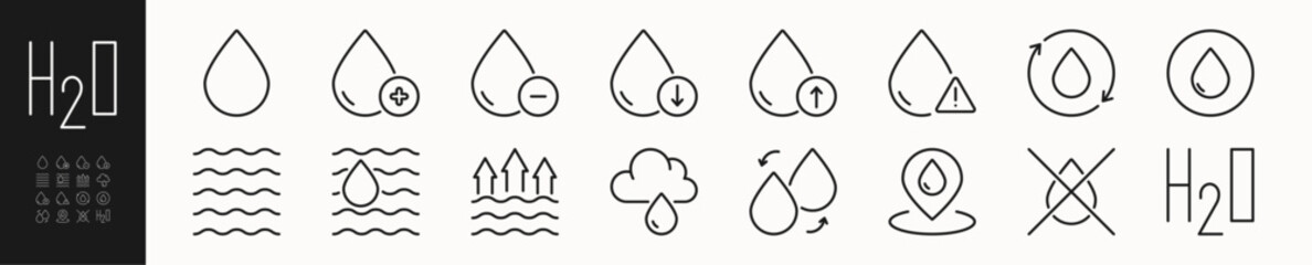 Water line icons set. Ecology and environment sign. Drop symbol. Isolated on a white background. Pixel perfect. Editable stroke. 64x64.