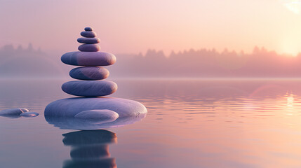 A cairn of smooth stones delicately balanced atop one another stands in still water at sunrise. The serene lake mirrors the warm hues of dawn, evoking a sense of tranquility and mindfulness