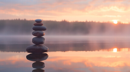 A cairn of smooth stones delicately balanced atop one another stands in still water at sunrise. The serene lake mirrors the warm hues of dawn, evoking a sense of tranquility and mindfulness