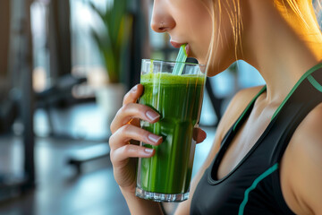 Woman drinking green smoothie post workout at gim, healthy life concept