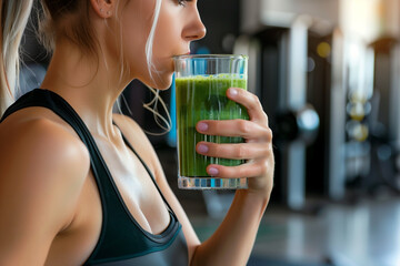 Healthy athletic woman drinking green smoothie post workout at gim, healthy life concept