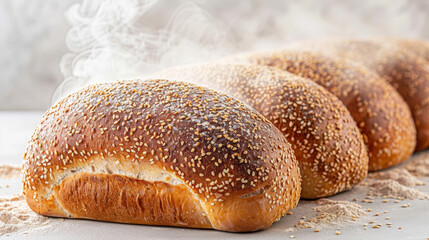 freshly baked bread with steam, focus on the crust and rising steam