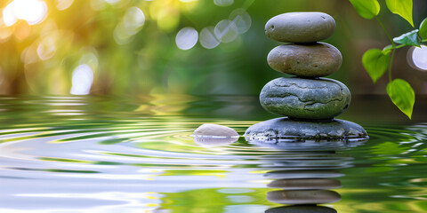 Obraz premium In a tranquil setting,a serene lake reflects the peaceful sky overhead.Standing gracefully at the water's edge are smooth stones delicately balanced on top of each other, forming an iconic zen balance