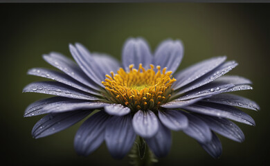a close up of a blue flower with drops of water on it's petals and a blurry dark background. AI generated.