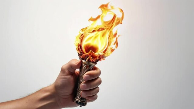 Burning torch with fire in hand on white background