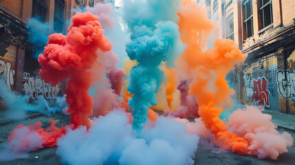 A colorful explosion of smoke fills the alleyway, creating an otherworldly scene. Graffiti covers...