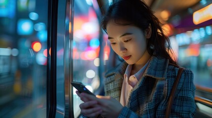 a young Asian businesswoman showcases her tech-savvy skills as she handles online banking with ease on her smartphone.