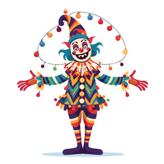 Colorful clown cartoon performing, juggling bulbs, joyful circus act. Funny jester vector illustration, striped costume, entertaining performance. Smiling clown isolated white background, bright