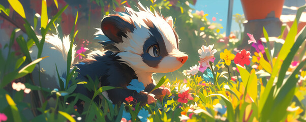 A baby skunk exploring a garden, nose twitching with curiosity. cute animal illustration