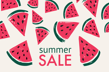 Summer sale, Watermelon slice hand drawn illustration.	
