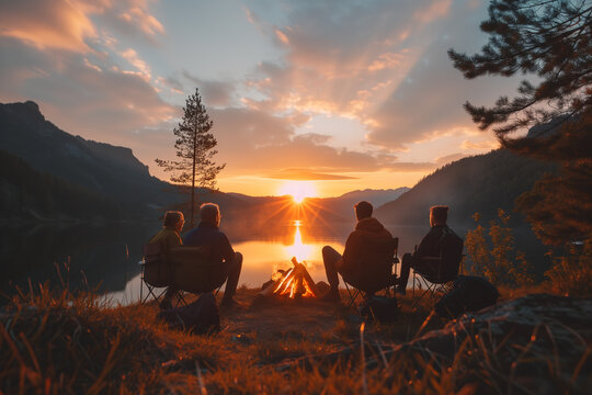Group of friends sitting near a campfire on a mountain lake background, beautiful sunset 