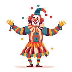 Cartoon clown juggling colorful balls, dressed traditional striped clown costume. Happy performs circus, entertains audience humor juggling skill. Brightly colored illustration depicting joyful
