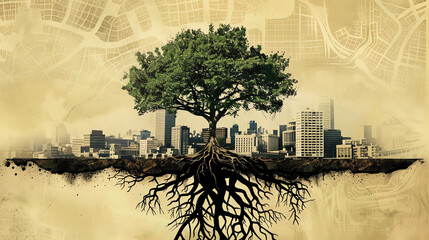 A digital painting of a tree with deep roots growing up through a city. The roots are intertwined with the buildings and infrastructure.