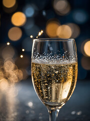 Seasonal Sparkle, Champagne Glass Glistening on Silver, Ideal for Christmas and New Year's Eve