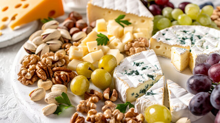 Gourmet cheese platter featuring a variety of cheeses, grapes, and nuts