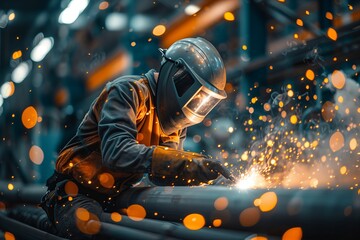 Welder at work in industrial factory, welding steel amid sparks. Construction and metal manufacture in industrial setting. - Powered by Adobe