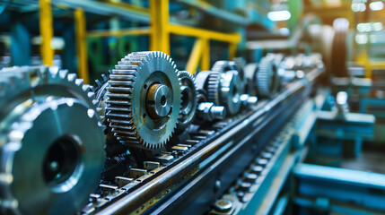 A close up of a gear train in a factory setting.