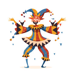 Jester dancing joyfully, colorful costume, harlequin performing carnival, entertainer. Happy clown juggling, bright outfit, festive character illustration, circus theme. Cartoon jester cheerful