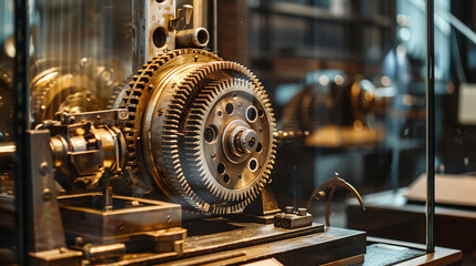 An intricate clockwork mechanism is displayed in a glass case. The gears are made of brass and steel, and the case is made of wood and glass.