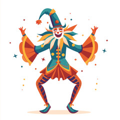 Colorful jester dancing merrily, festive costume, entertainer perform carnival. Vibrant harlequin mask, pointy hat, bells, joyful celebration. Illustration festive character, performance, cheerful