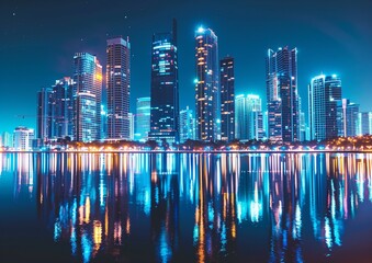 Fototapeta premium Vibrant Night Cityscape Reflections on Water Skyscraper Lights