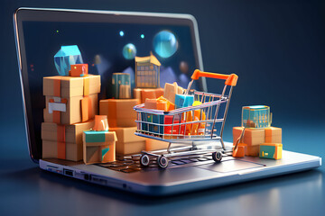 Shopping cart and gift boxes on laptop keyboard computer Online shopping e-commerce business concept
