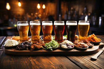 Variety of beer in glasses on the wooden counter in a pub. Beer tasting concept.