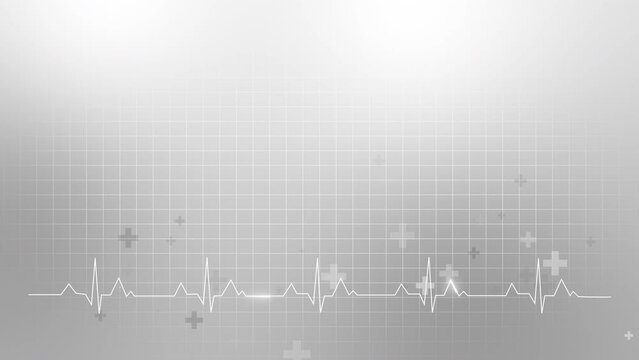 Grey medical background. Plus icon with sign diagram heartbeat. Loop animation. Copy space.