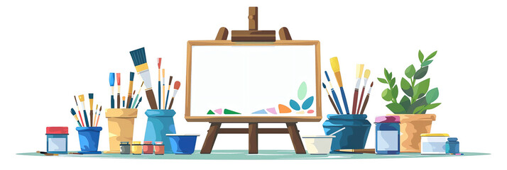 Artistic painting poster with easel and canvas. Art studio, open art classes. Header or footer banner template with copy space