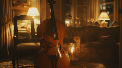 Classical Cello in Dimly Lit Room A classical cello positioned in a dimly lit room with soft...