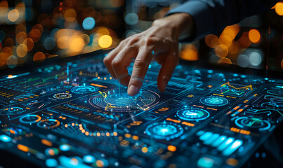 Young Businessman Analyzing Financial Data and Charts on Virtual Screen - Business Strategy, Economic Growth Analysis, Digital Marketing