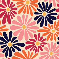 Retro floral vector background. Surface design in style of hippie. Vintage groovy daisy flowers. Modern pattern design for textile, stationery, wrapping paper, gifts. 60s, 70s, 80s style