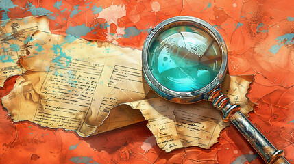 Magnifying glass on papers and documents. Research and study concept