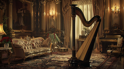 Classical Harp in Ornate Room A classical harp positioned in an ornately decorated room with...