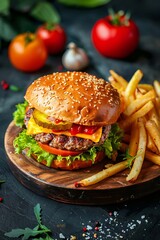 cheeseburger with fre fries on a wooden plate, Generative AI,