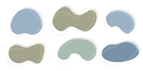 Collection of organic irregular blob shape with decorative stripes and stroke line. Gray blue random deform circle spot. Isolated white background Organic amoeba Doodle elements Vector illustration.