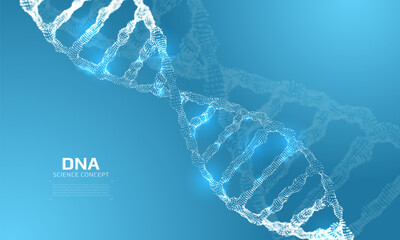 DNA structure constructed with particles. 3D digital genetic model. Scientific background. Vector illustration.