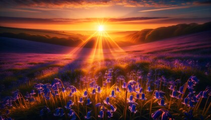 Image of sunset over a Bluebell field