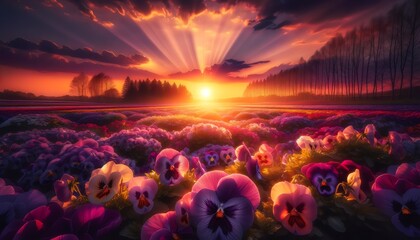 Image of sunset over a Pansy flowers field