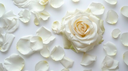 Gift Cards White Background. Beautiful White Rose and Petals for Greeting Cards