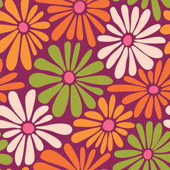 Retro floral vector background. Surface design in style of hippie. Vintage groovy daisy flowers. Modern pattern design for textile, stationery, wrapping paper, gifts. 60s, 70s, 80s style